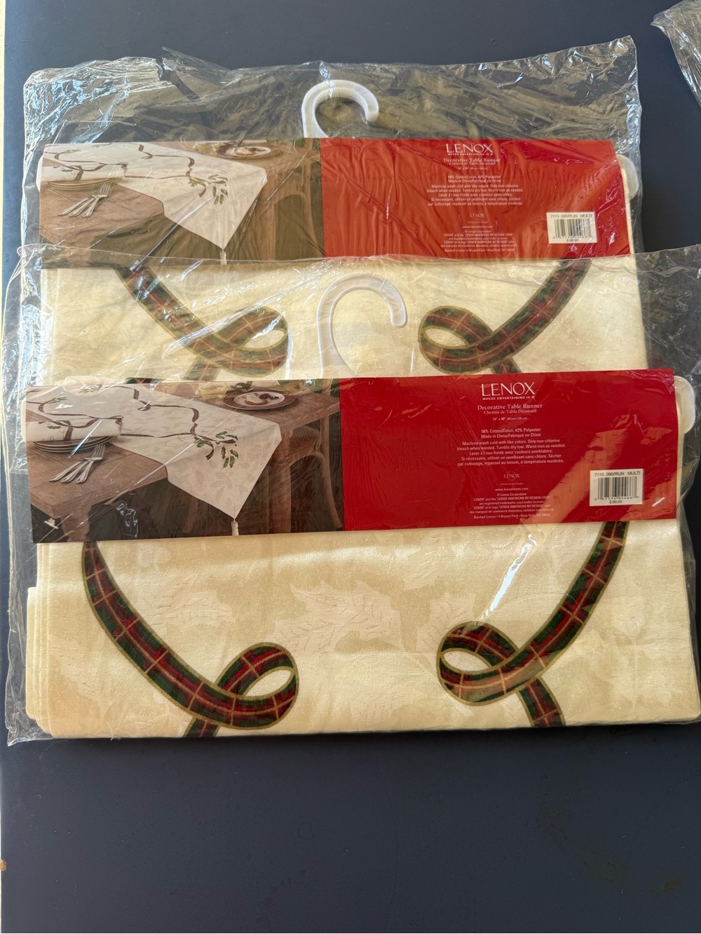 Lenox Ivory Table Runner with Red & Green Plaid Ribbon Accents